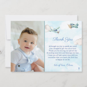 Toy Airplane In Blue Sky Clouds Baptism Birthday Thank You Card