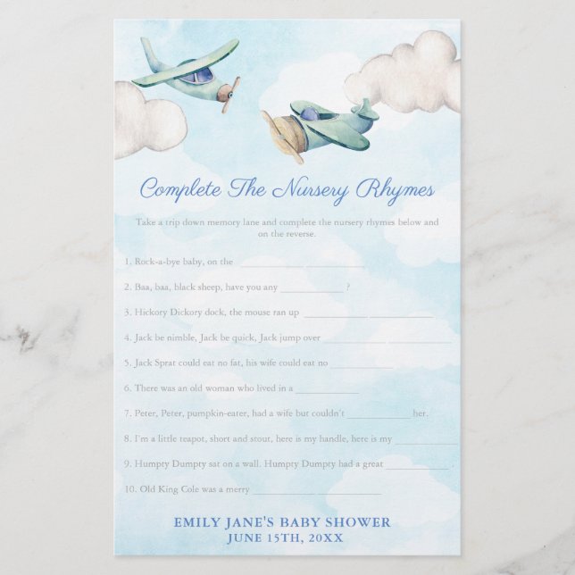 Toy Airplane Nursery Rhymes Baby Shower Game Card Flyer (Front)