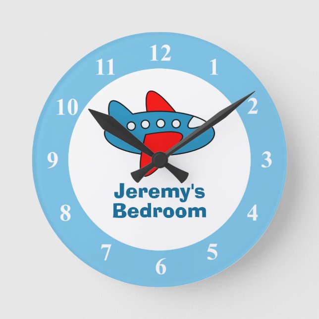 Toy airplane wall clock for boy bedroom or nursery (Front)