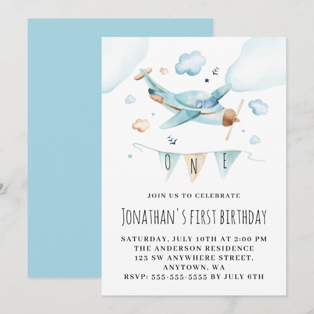 Toy Airplane Watercolor 1st Birthday Party Invitation (Front/Back)
