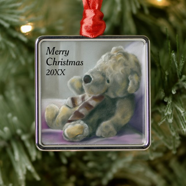 Toy Bear Pastel Custom Year Christmas Metal Ornament (Tree)