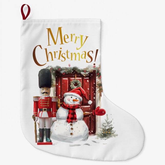 Toy British Soldier Bearskin hat and Snowman Large Christmas Stocking (Front)