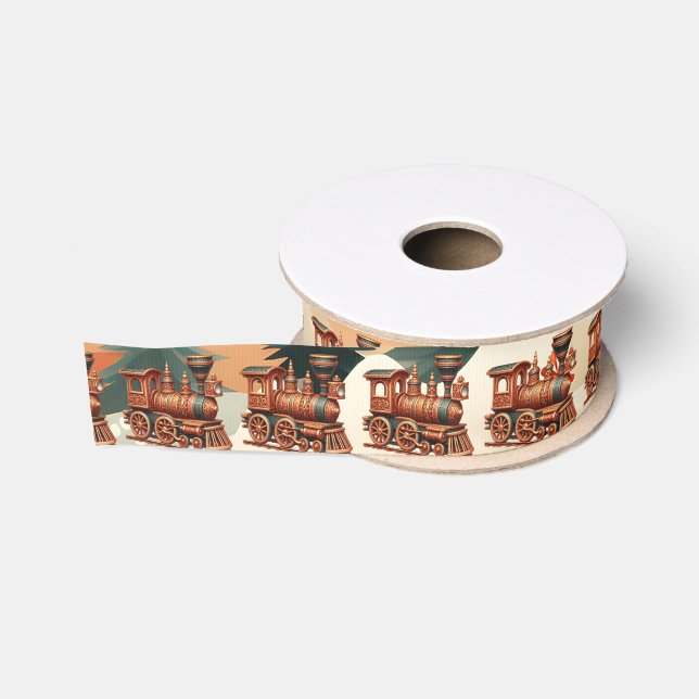 Toy Brown Christmas Locomotive Christmas Landscape Grosgrain Ribbon (Spool)