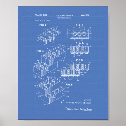 Toy Building Brick 1961 Patent Art _ Blueprint Poster