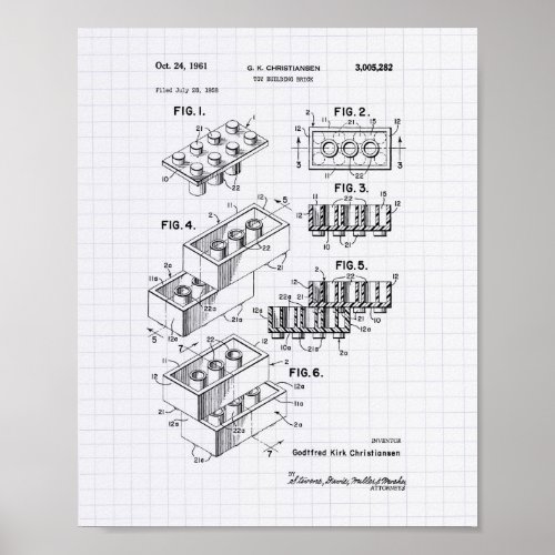 Toy Building Brick 1961 Patent Art _ Lined Peper Poster