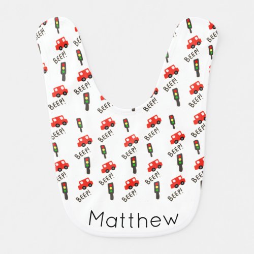 Toy Cars and Traffic Lights Pattern Personalised Baby Bib
