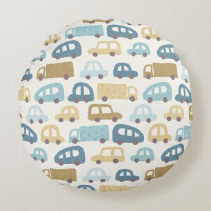 Toy Cars & Trucks Dusty Blue Beig Round Pillow