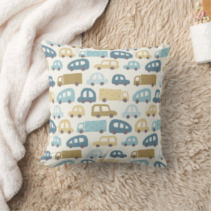 Toy Cars & Trucks   Dusty Blue Beige Nursery Throw Pillow