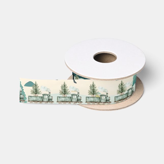  Toy Christmas Locomotive On Christmas Landscape Satin Ribbon (Spool)