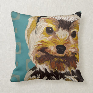 Toy Dog with Brown Yellow hair on turquoise back Throw Pillow