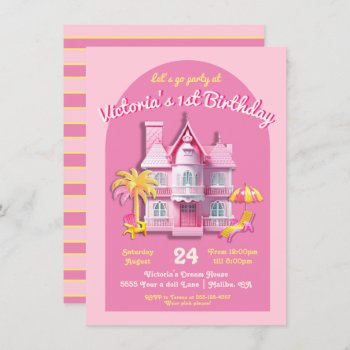 Toy Dream Doll House Pink Birthday Party Invitation by McBooboo at Zazzle