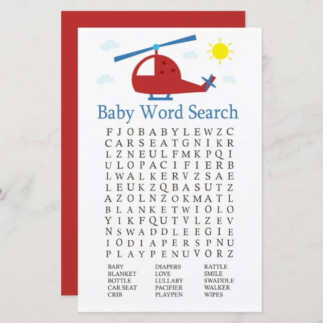 Toy helicopter Baby Shower Word Search Game (Front/Back)