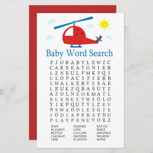 Toy helicopter Baby Shower Word Search Game