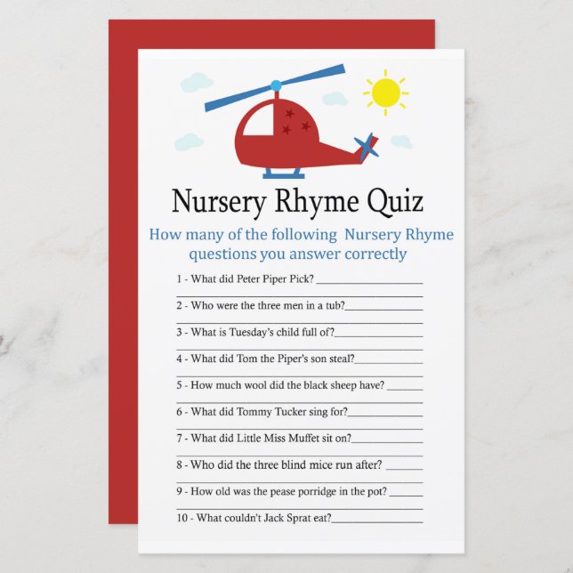 Toy helicopter Nursery Rhyme Quiz baby shower game (Front/Back)