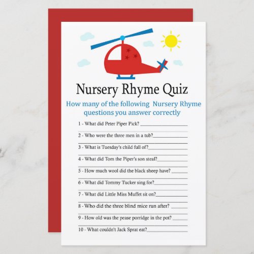 Toy helicopter Nursery Rhyme Quiz baby shower game