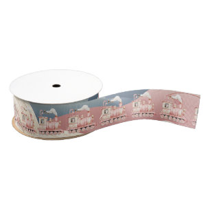 Toy Pink Christmas Locomotive Winter Scene Grosgrain Ribbon