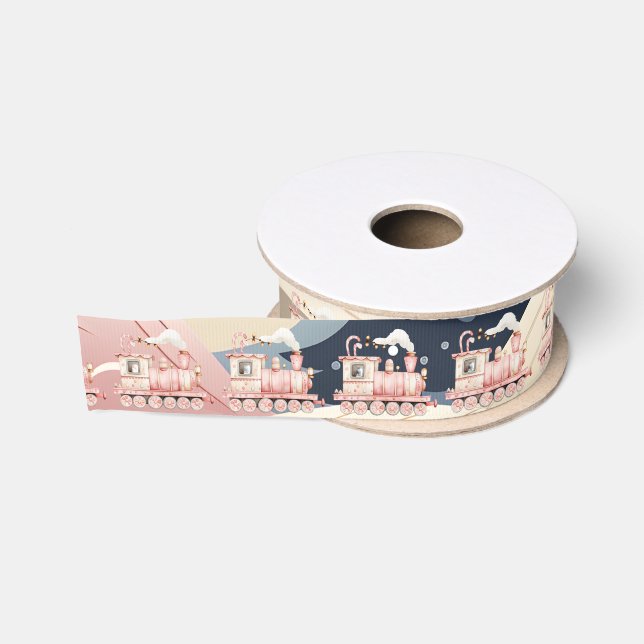 Toy Pink Christmas Locomotive Winter Scene Grosgrain Ribbon (Spool)