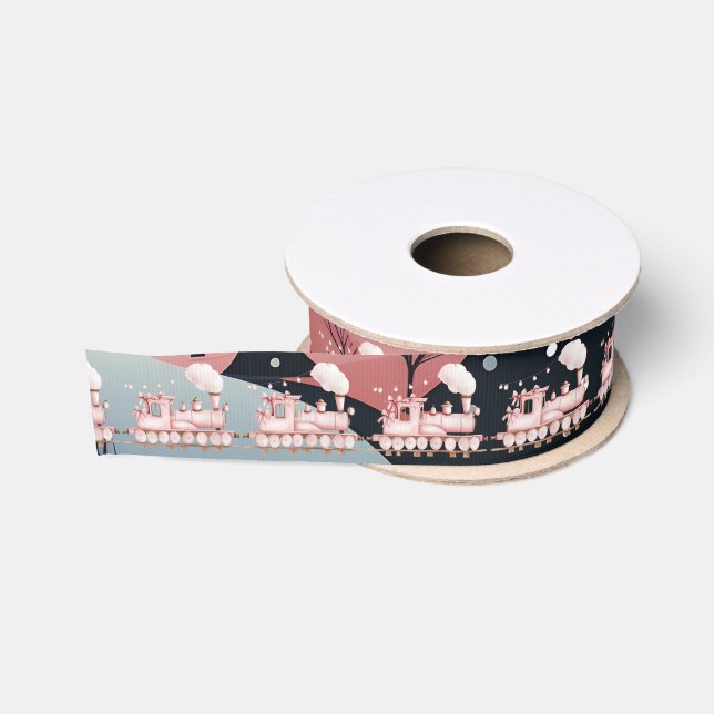 Toy Pink Christmas Locomotive Winter Scene Grosgrain Ribbon (Spool)