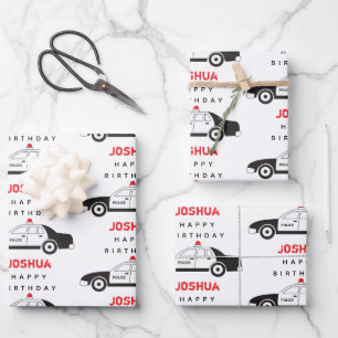 Toy Police Car Custom Name Kids Birthday Wrapping Paper Sheets