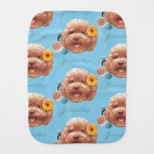 Toy Poodle with Flower and Phone Illustration Baby Burp Cloth