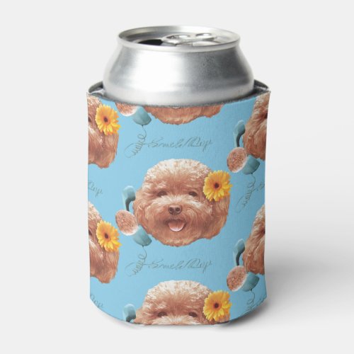 Toy Poodle with Flower and Phone Illustration Can Cooler