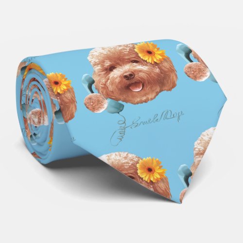 Toy Poodle with Flower and Phone Illustration Neck Tie