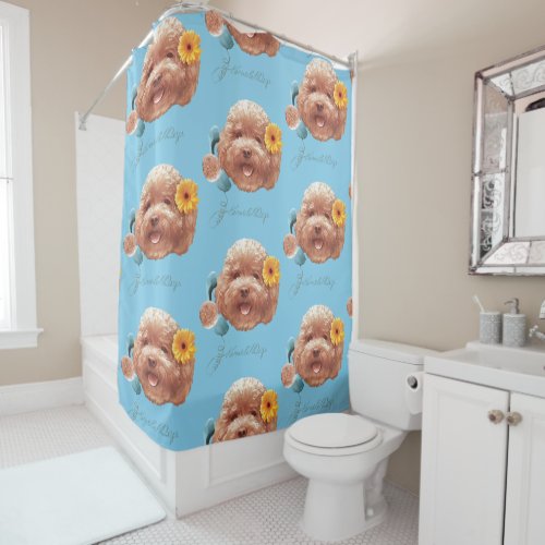 Toy Poodle with Flower and Phone Illustration Shower Curtain