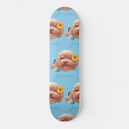 Toy Poodle with Flower and Phone Illustration Skateboard