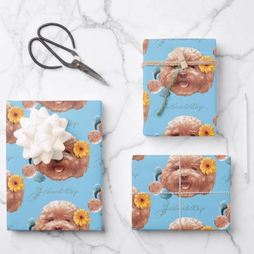 Toy Poodle with Flower and Phone Illustration Wrapping Paper Sheets