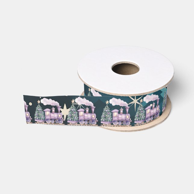 Toy Purple Christmas Locomotive Winter Scene Grosgrain Ribbon (Spool)