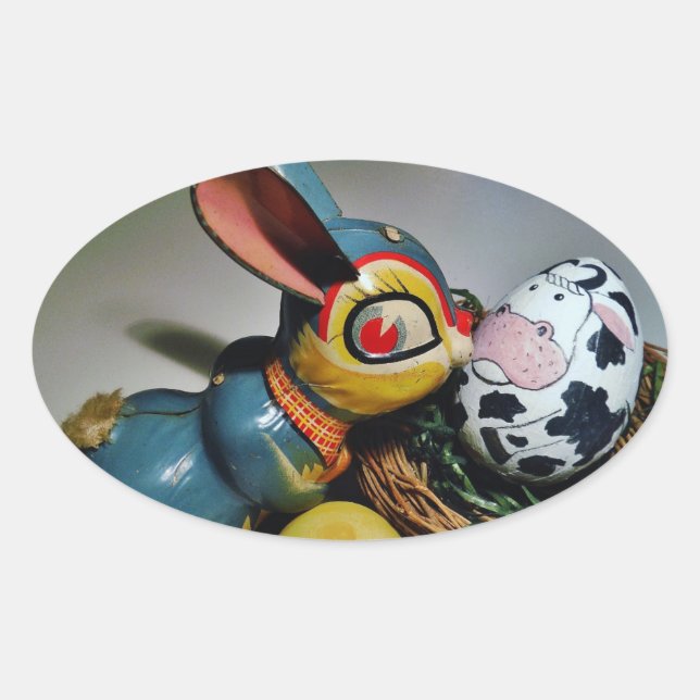 Toy Rabbit and  cow egg Oval Sticker (Front)