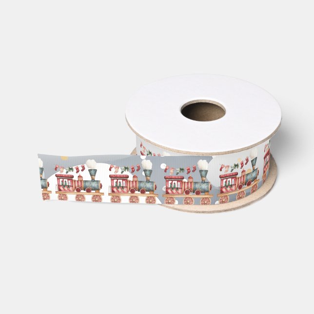 Toy Red Green Christmas Locomotive Winter Scene Grosgrain Ribbon (Spool)