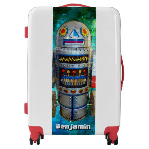 Toy robot blue galaxy custom name typography retro luggage