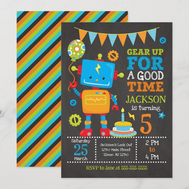 Toy Robot Boy Birthday Party Invitation (Front/Back)