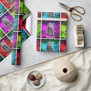 Toy robot colorful sci fi galaxy custom name retro wrapping paper