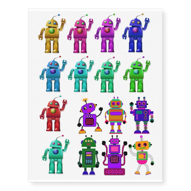 Toy Robots Tattoo Quirky blue purple green red (Front)