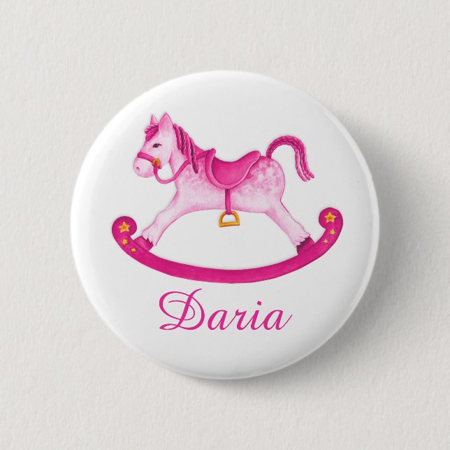 Toy rocking horse watercolor art name button (Front)