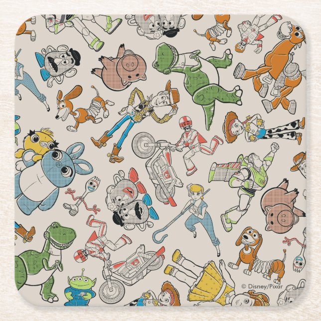 Toy Story 4 | Retro Character Toss Pattern Square Paper Coaster (Front)
