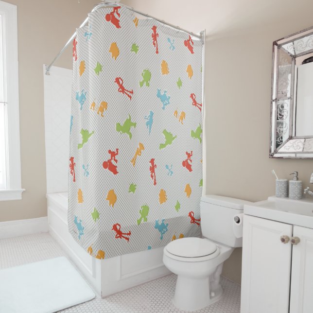 Toy Story 4 | Retro Toy Shape Toss Pattern Shower Curtain (In Situ)