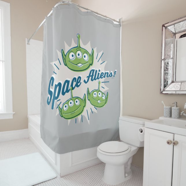 Toy Story 4 | "Space Aliens" Retro Graphic Shower Curtain (In Situ)