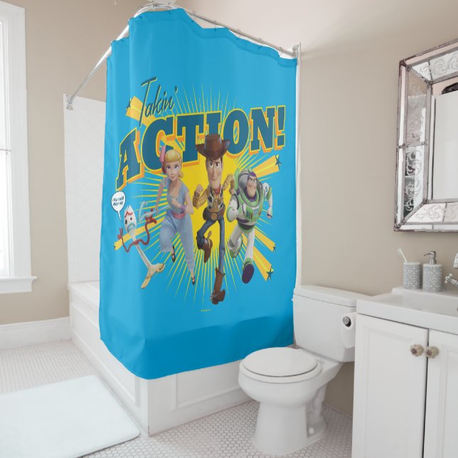 Toy Story 4 | "Takin' Action!" Group Art Shower Curtain (In Situ)