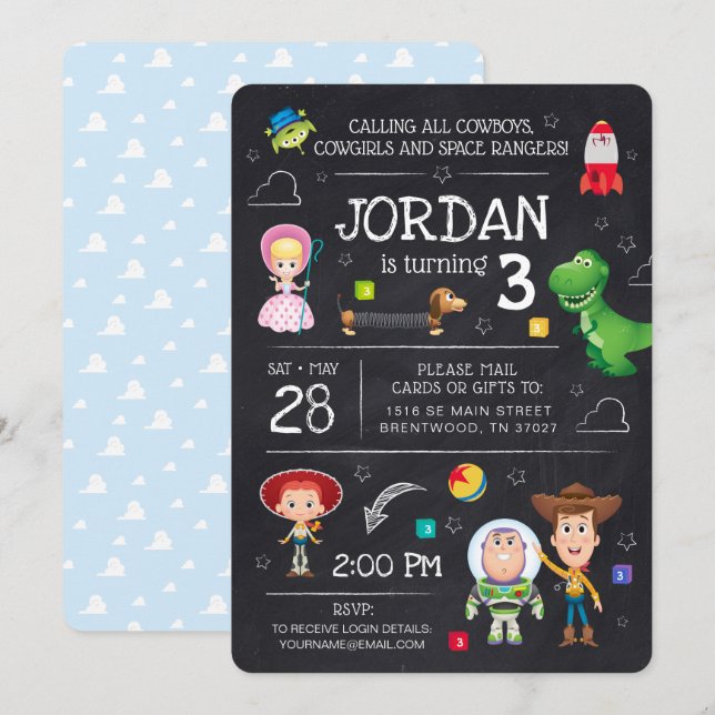 Toy Story Chalkboard Virtual Birthday Invitation (Front/Back)
