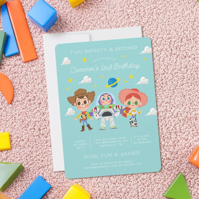 Toy Story Characters 2 Infinity & Beyond Birthday Invitation (Card on playroom floor)