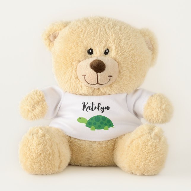 Toy teddy bear with turtle tee & custom baby name (Front)