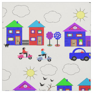 Toy Town Colorful Houses Fun Whimsy Patterned Fabric