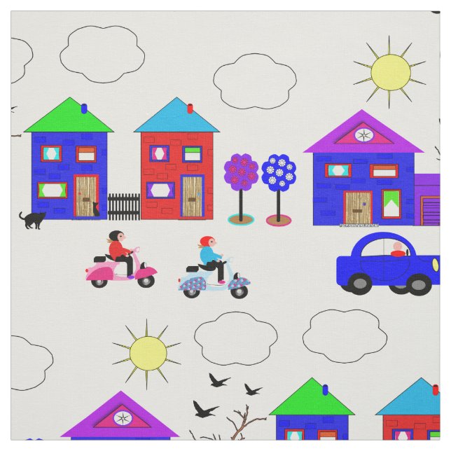 Toy Town Colorful Houses Fun Whimsy Patterned Fabric (Swatch)