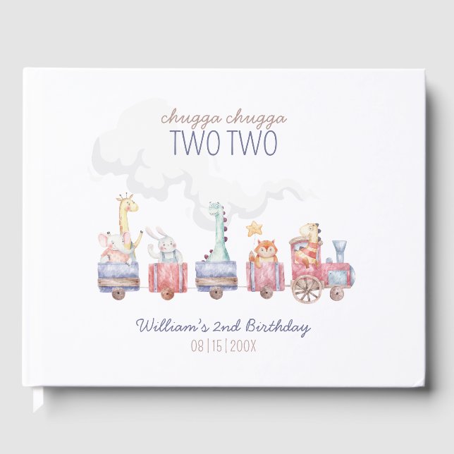 Toy Train All Aboard Birthday invite, Zoo Animals Guest Book (Front)