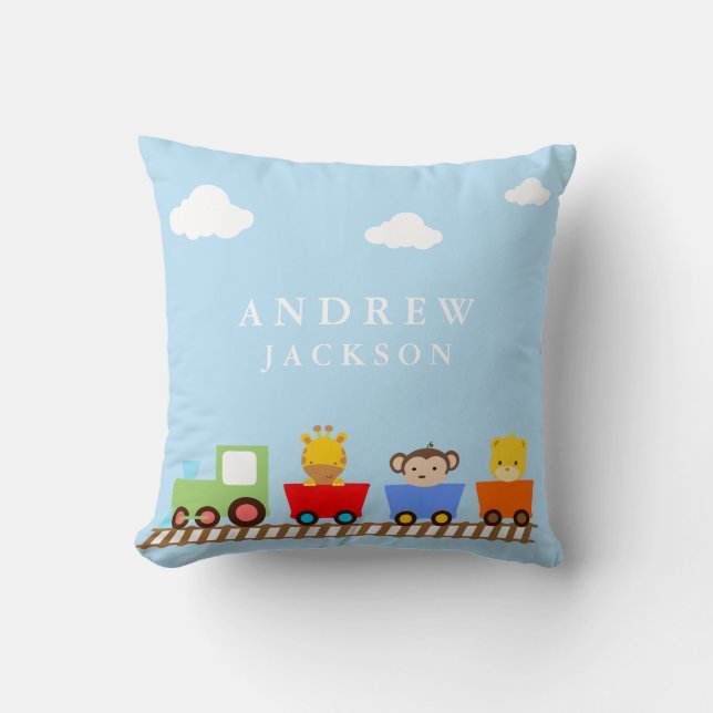 Toy Train Baby Boy Nursery Pillow (Front)