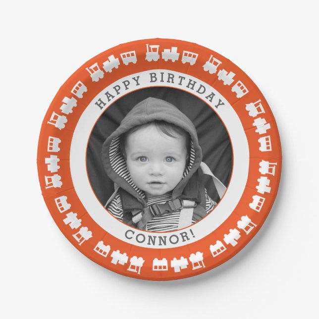 Toy Train Baby Photo Paper Plates (Front)