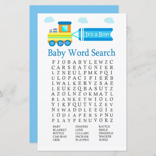 Toy Train Baby Shower Word Search Game
